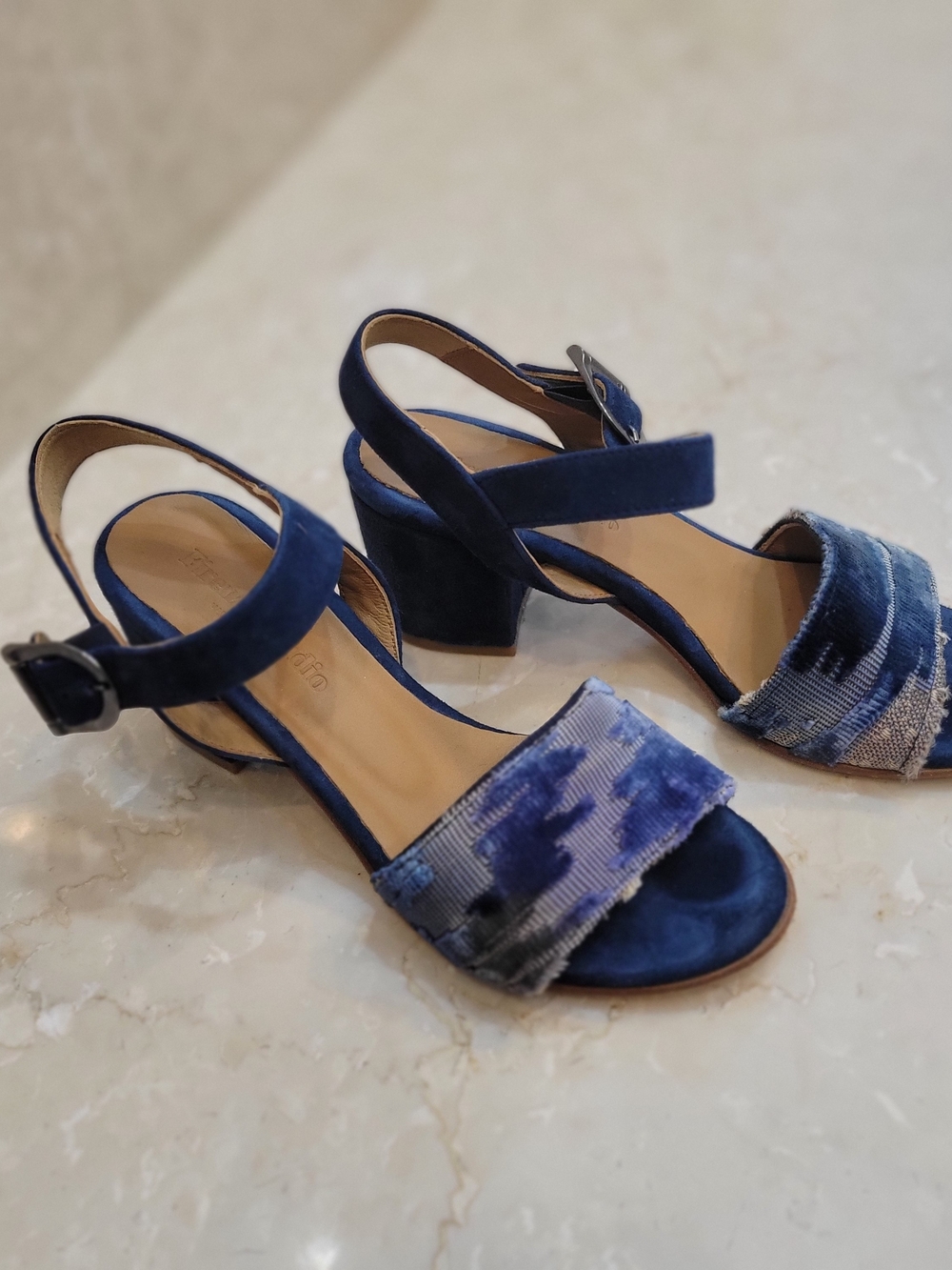 Blue Suede & Fabric Block Heel Sandals